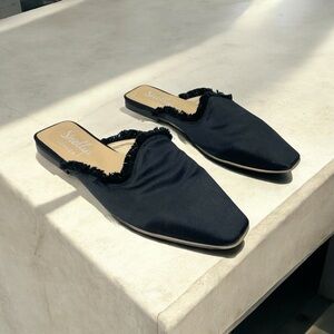 Shellys London Fringe Trim Blunt Toe Slip On Black Fabric Mules Size 37/7